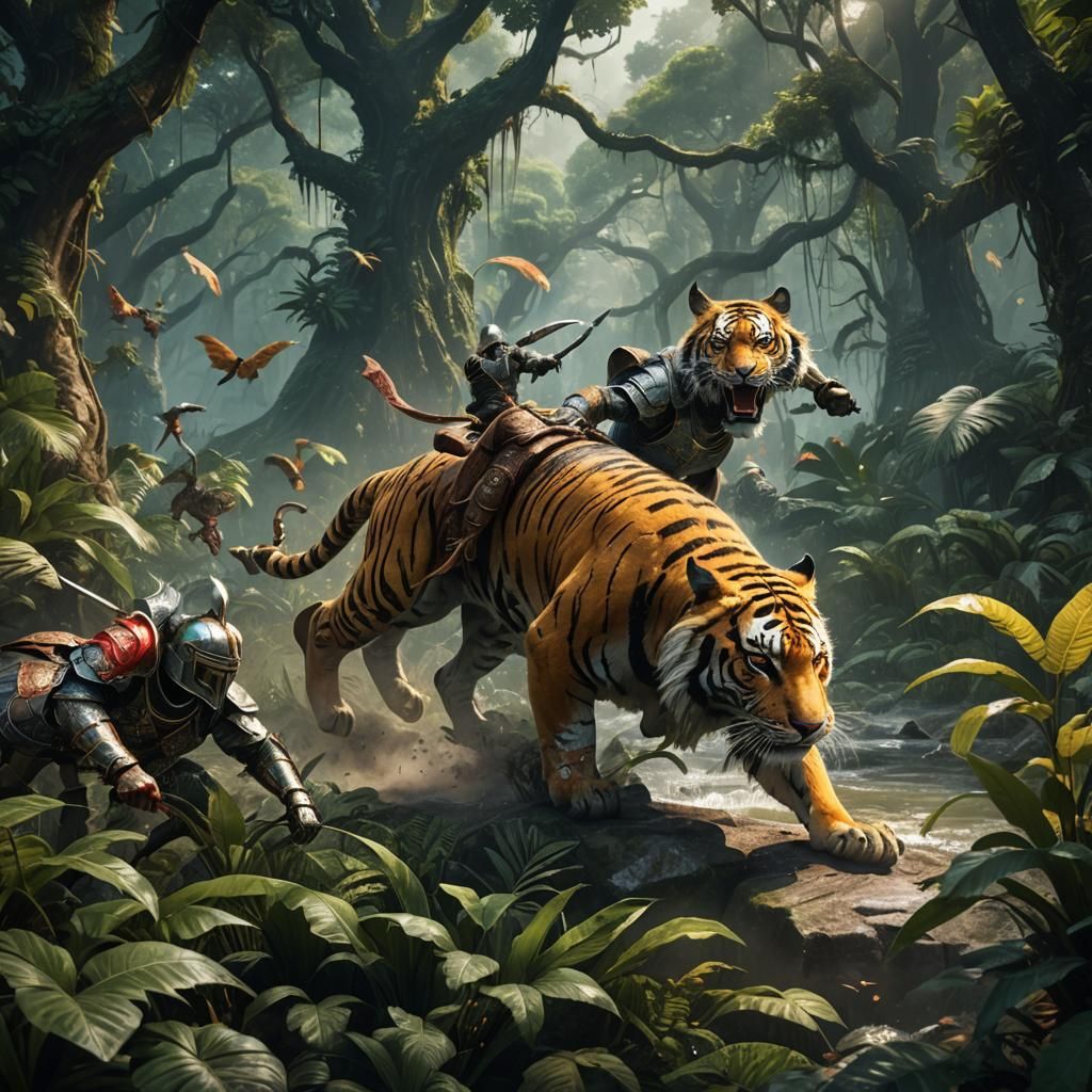 Knights Versus Tigers in Deep Jungle Painting
