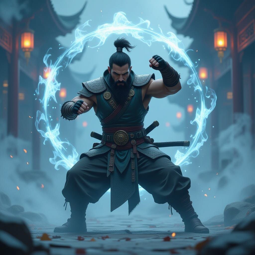 Fantasy Dwarf Monk Smashes Through Shimmering Portals