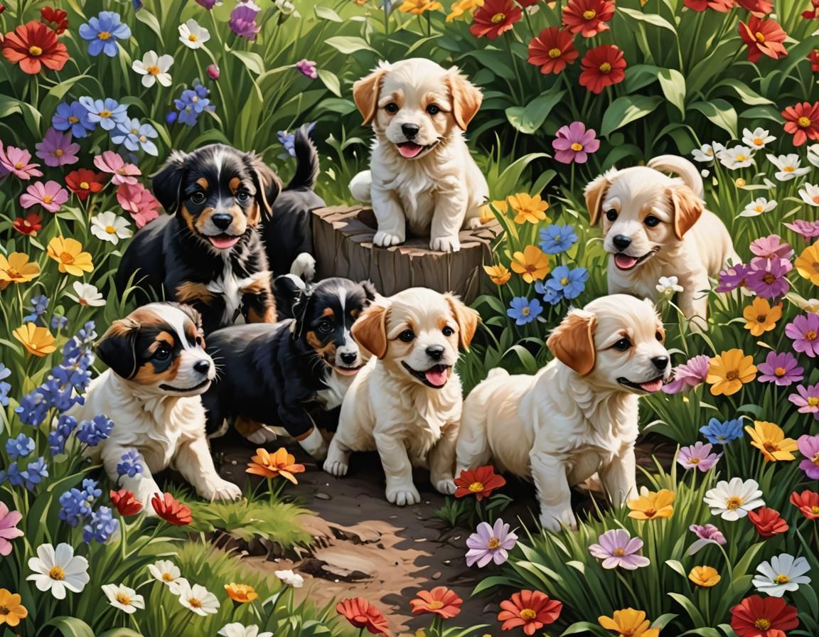 Cute Puppies Play in Vibrant Spring Garden
