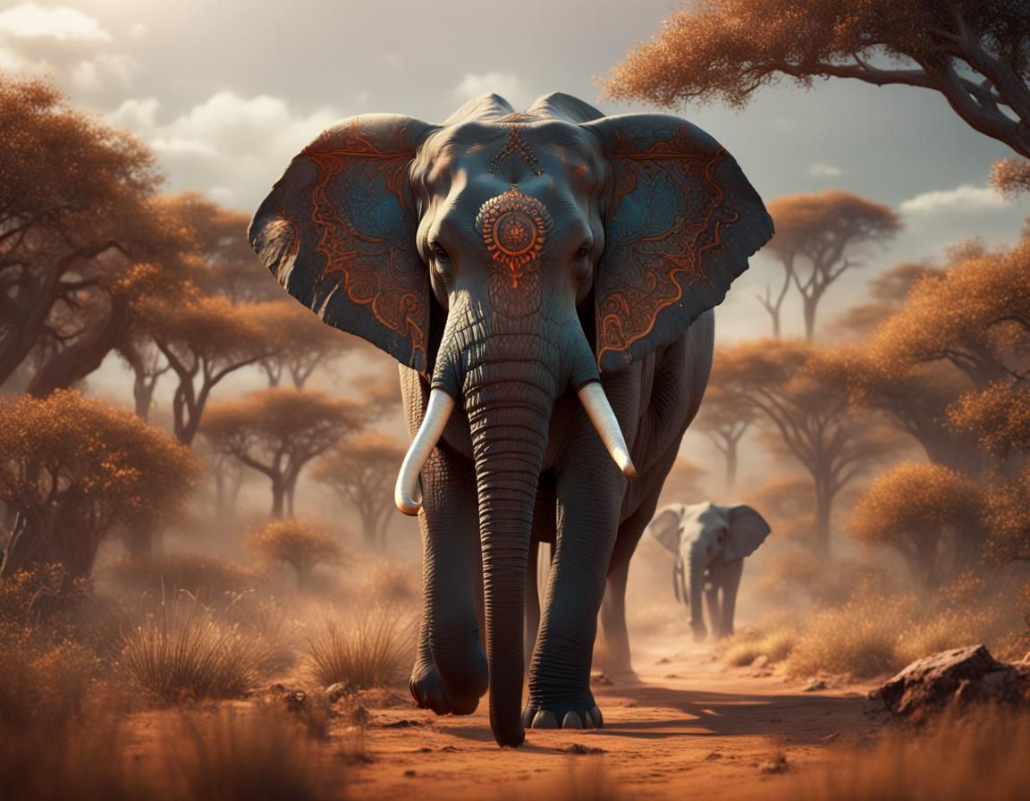 Hyperdetailed Filigree Elephant on the Savannah