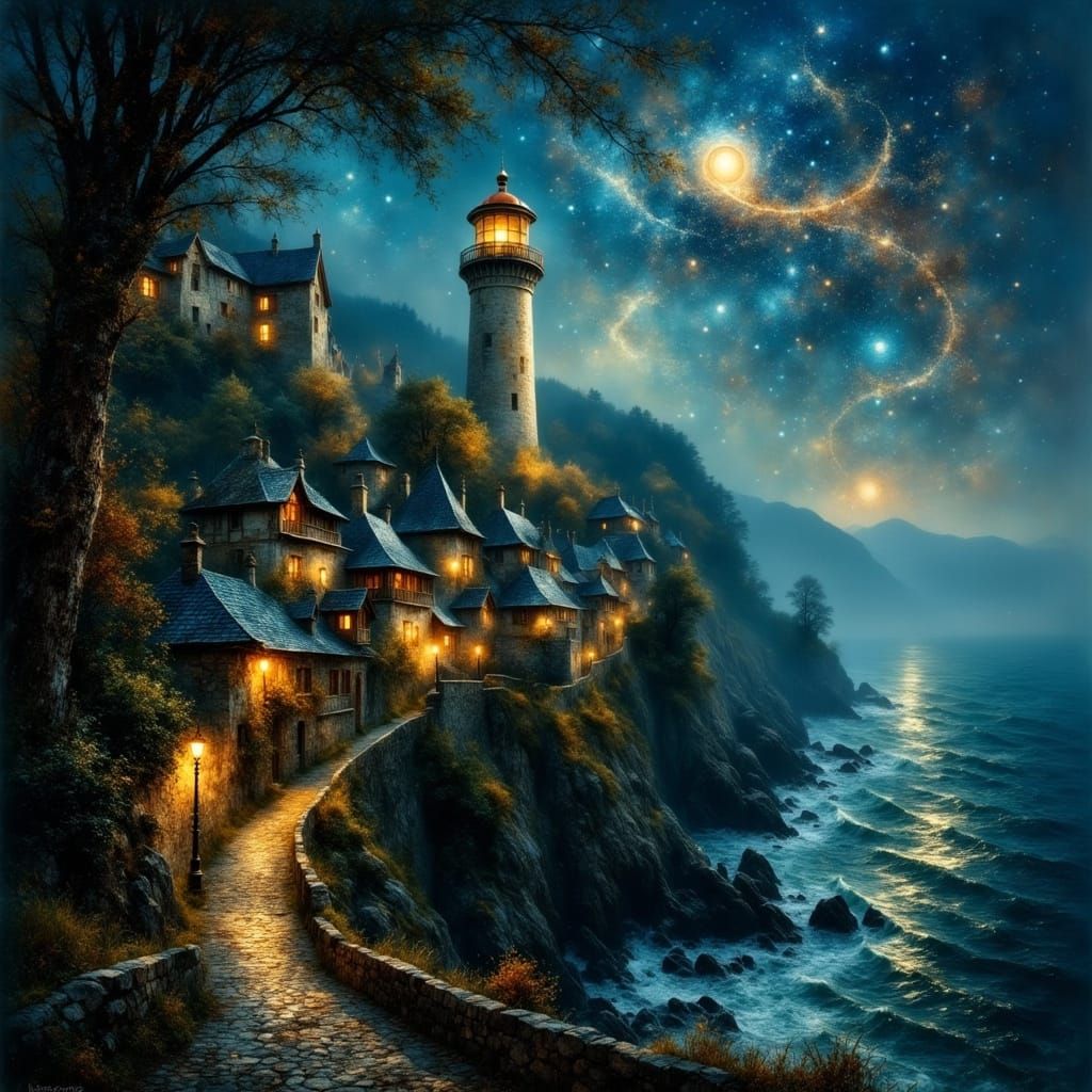 Medieval Cliffside Village Under a Magical Night Sky