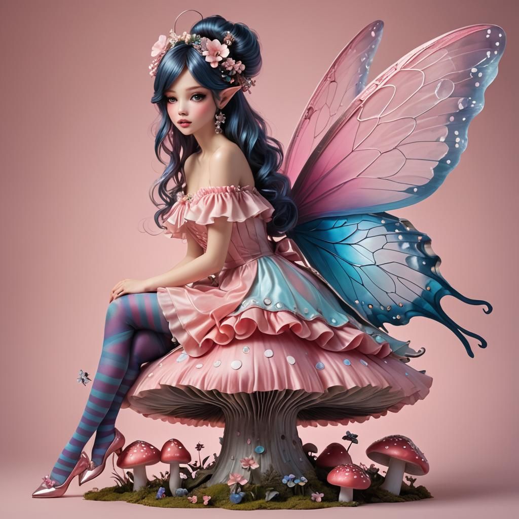 Whimsical Fairy with Iridescent Wings on Mushroom