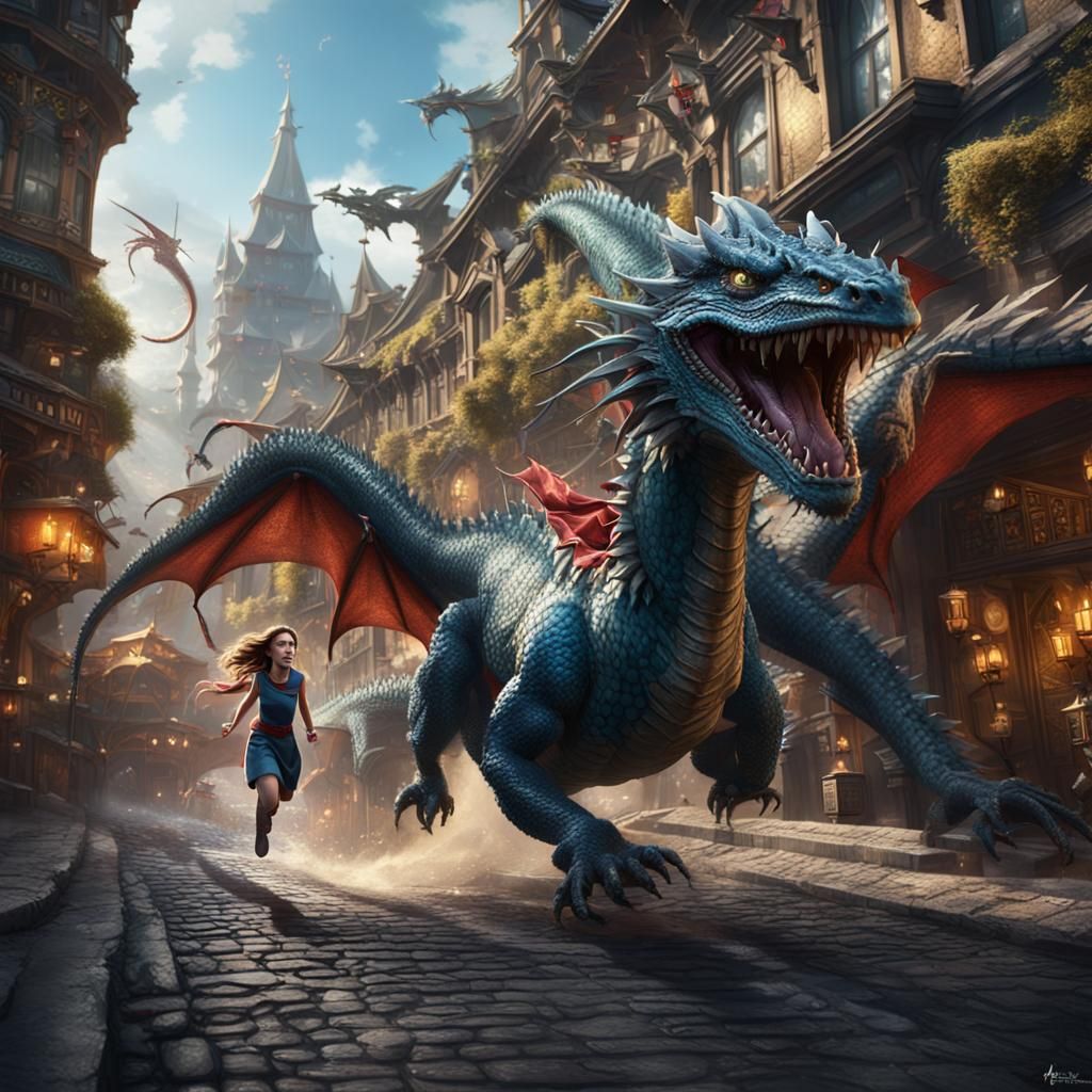 Princess and Dragon Chase Scene, Fantasy Art