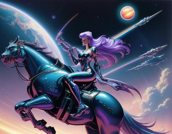 Chrome Space Girl Dragon Rider in Retro Sci-Fi Style