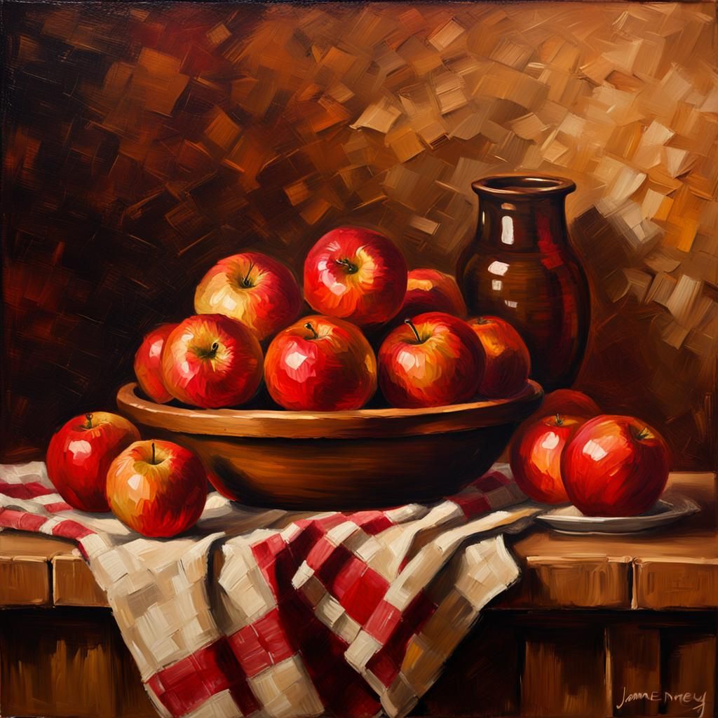 Red Apples in Bowl Impasto Oil Painting