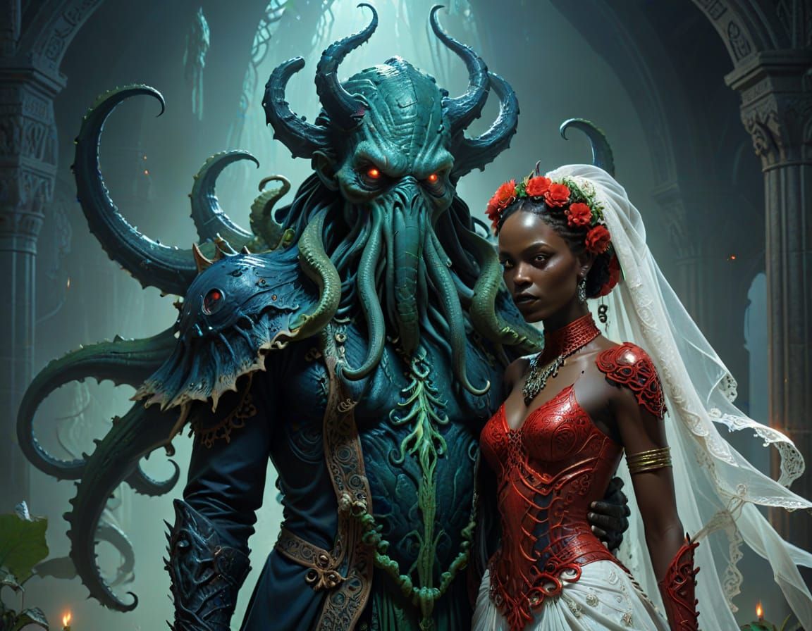 Cosmic Horror Meets Bantu Bride in Dark Fantasy Art