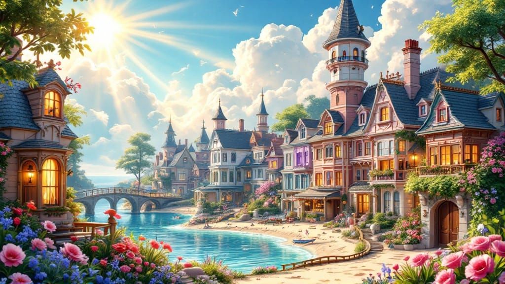 Whimsical Village in Warm, Ethereal Light