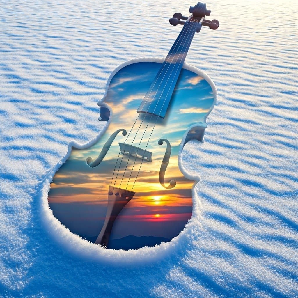Violin Carved in Snow Reveals Sunset Sky