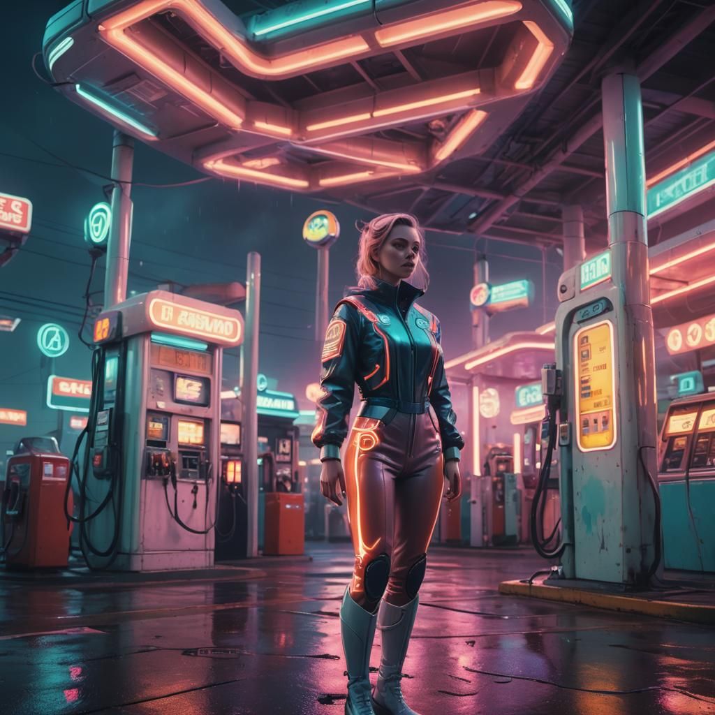 Sailor Heroine at Alien Gas Station in Retro-Futurism