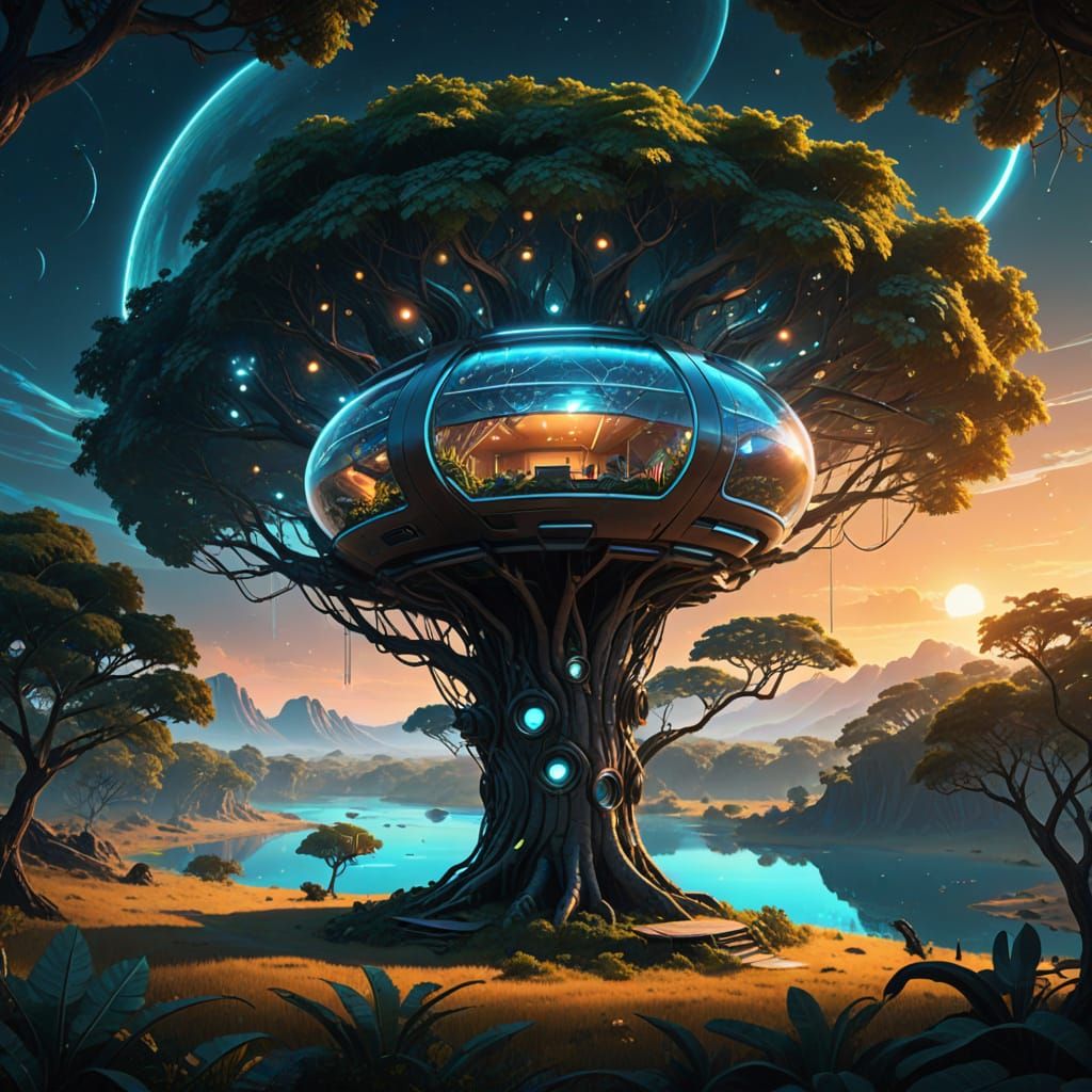 Futuristic Treehouse Pod Amidst Glowing Alien Tree