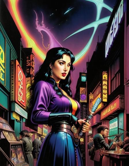 Biopunk Witchblade Investigator in Cyberpunk Vaporwave Style