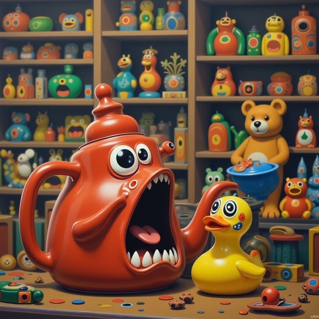 Teapot in a Colorful Toy Store Chaos Scene