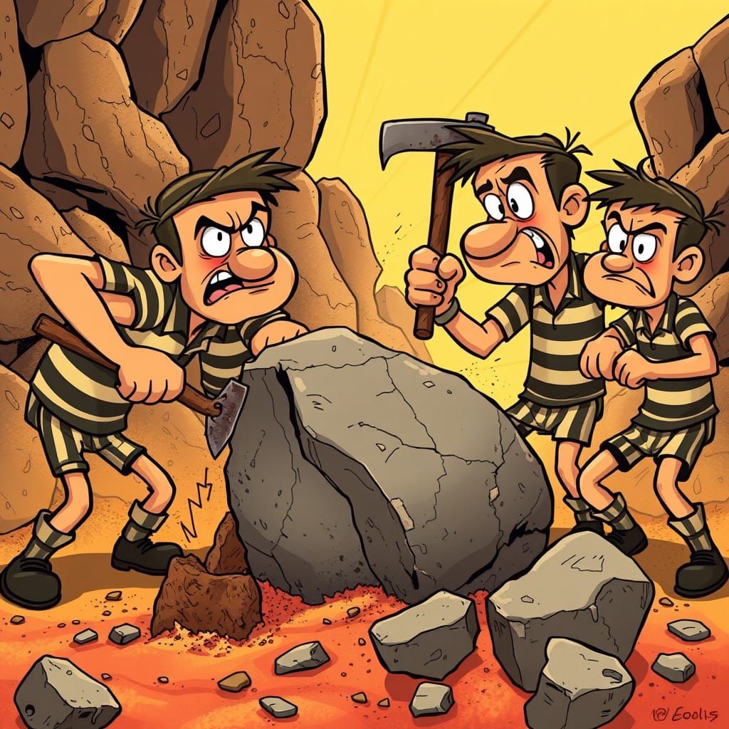 Vibrant 1940s Cartoon Prisoners Break Up Rocks in Dusty Land...