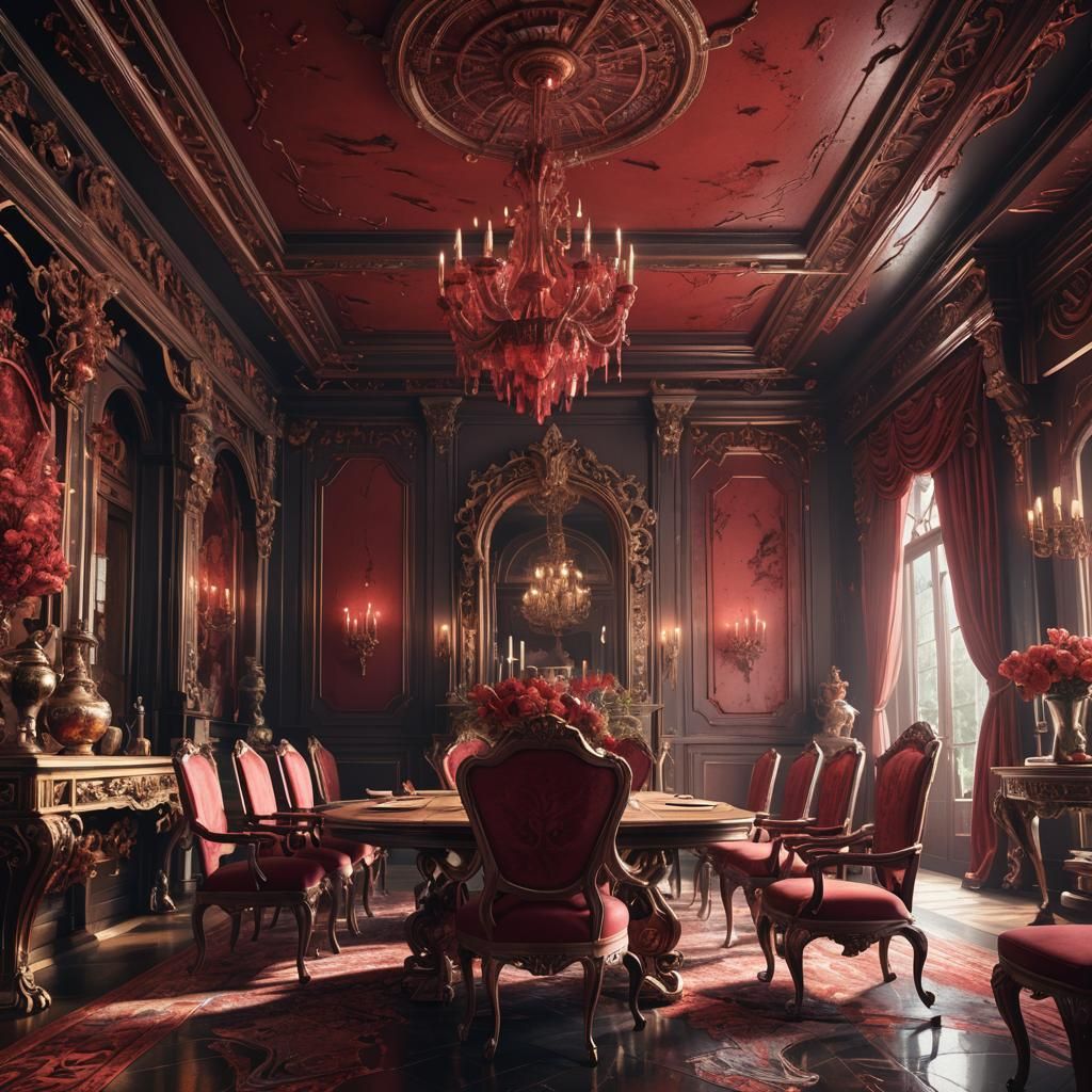 Fantastical Red Topaz Dining Room in Detailed Matte Painting