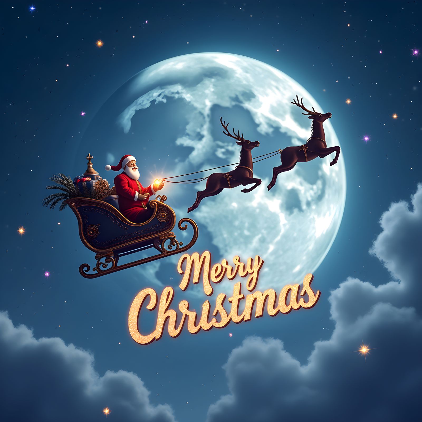 Santa's Sleigh Over Moonlit Sky in Digital Art