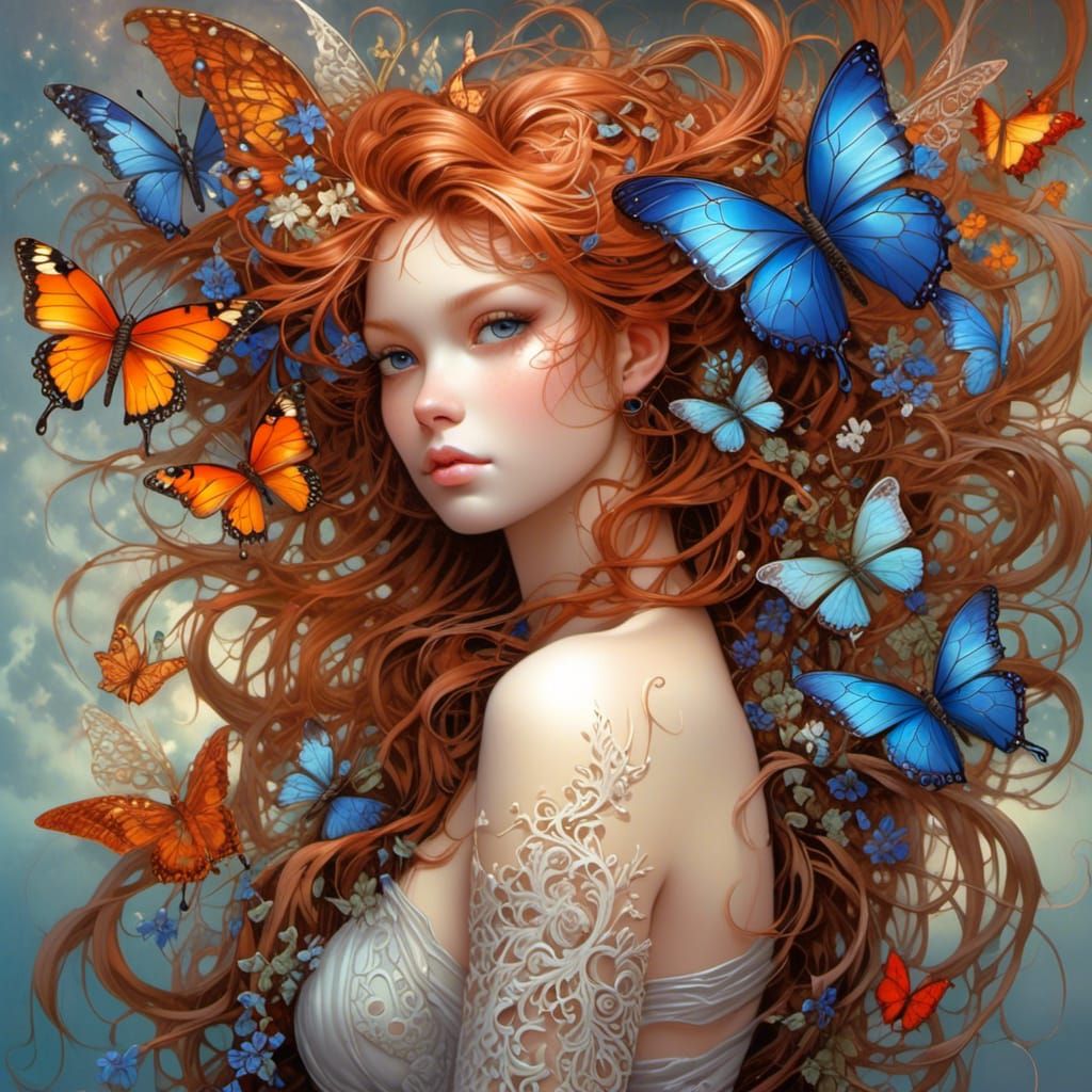 Beautiful Fairy with Flowers and Butterflies