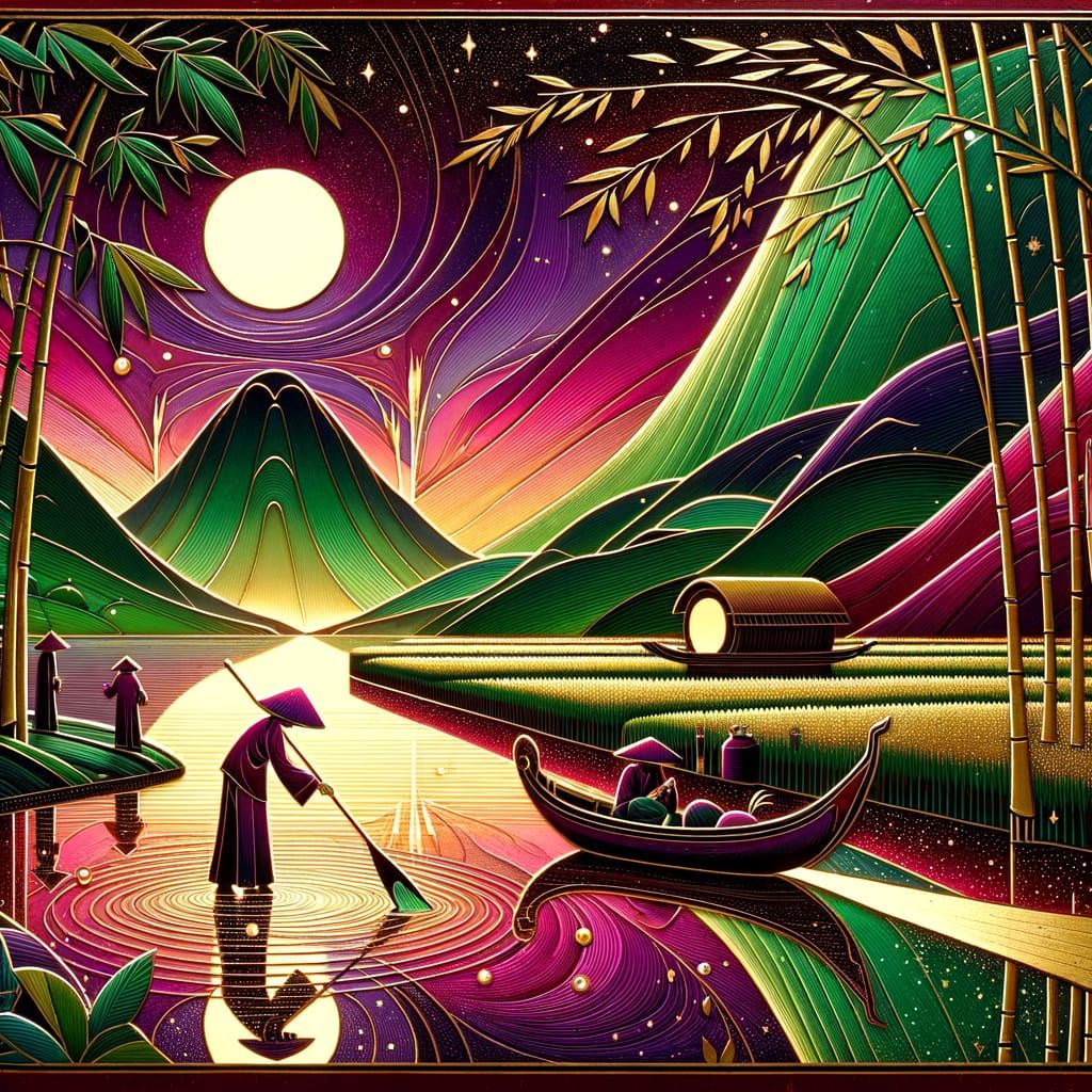 Vietnamese Lacquer Art: Serene Sunset Rice Paddy