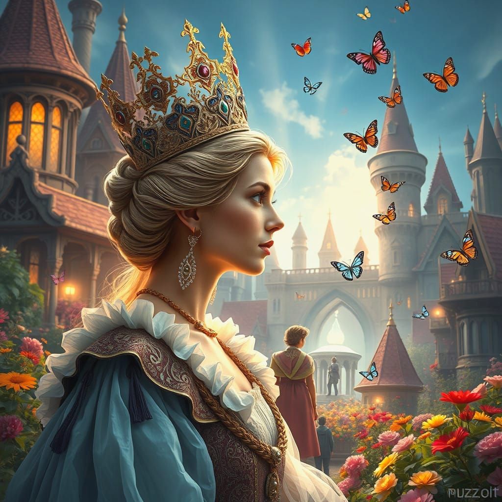 A Young Queen Surrounded by Vibrant Butterflies in a Flouris...