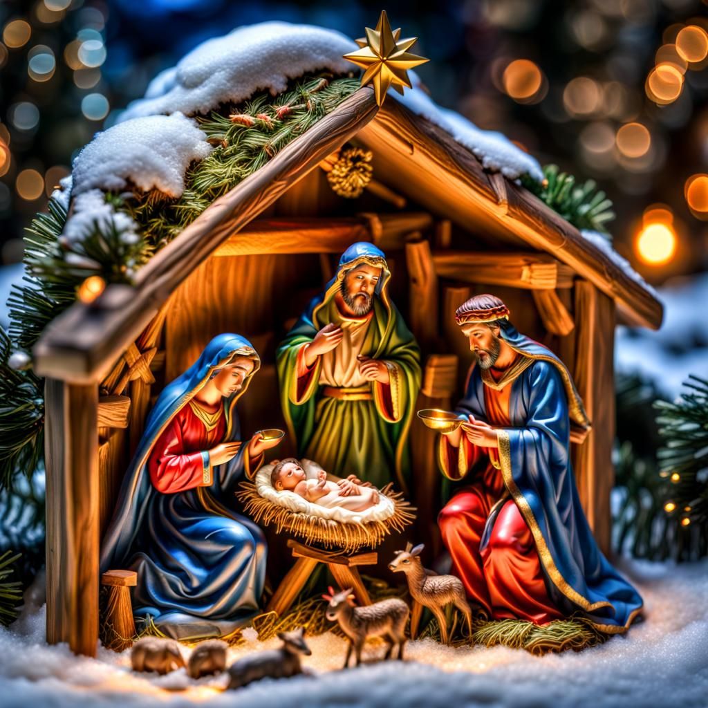 Hyperrealistic Nativity Scene with Mary, Joseph, and Jesus