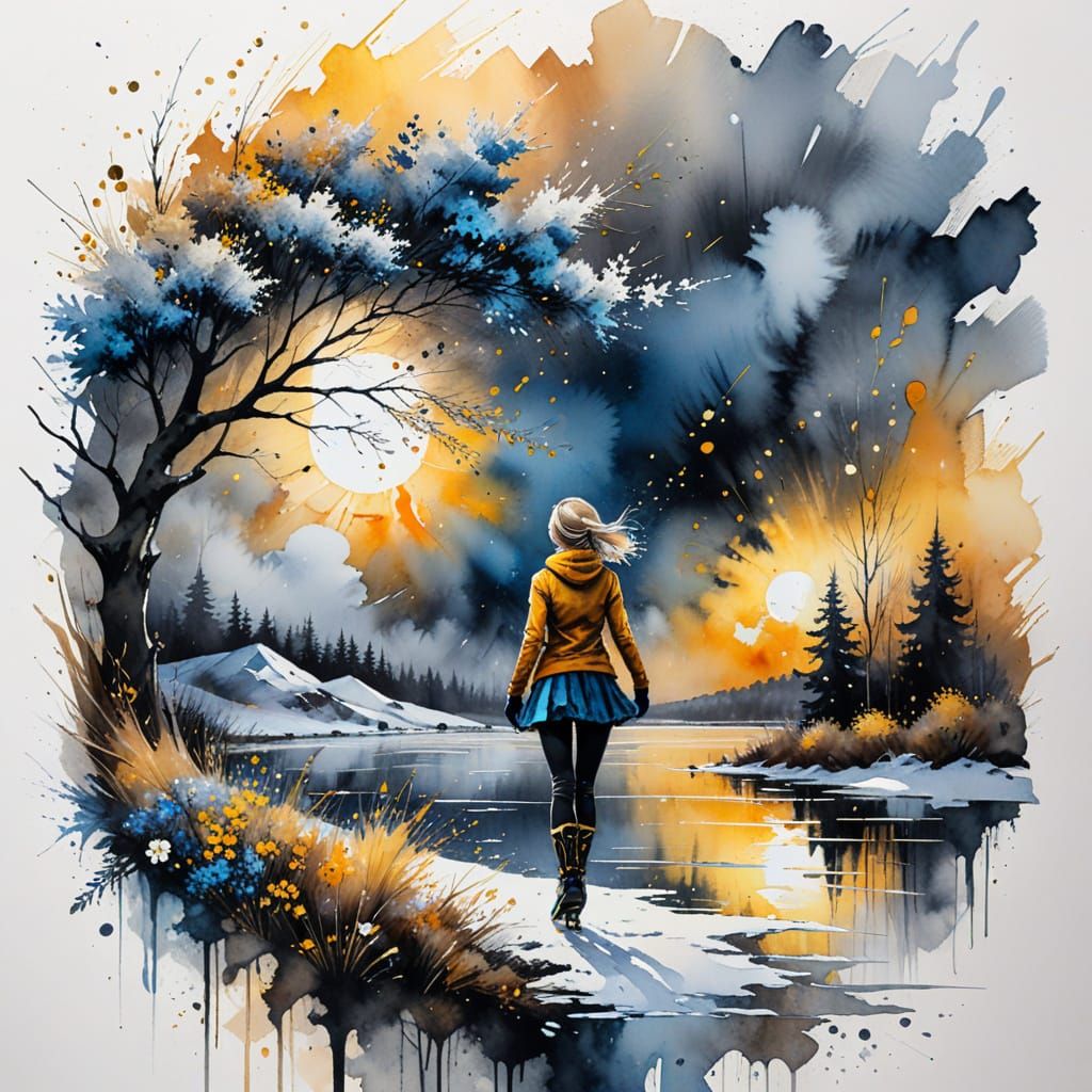 Ice Skater in Golden Sunset: Expressive Watercolor Painting