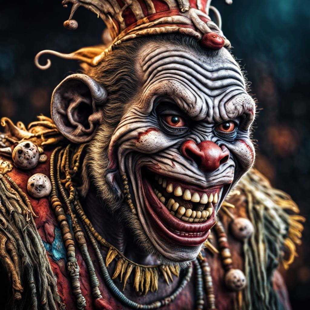 Grinning African Tribesman in a Zombie Monkey Monster Circus...