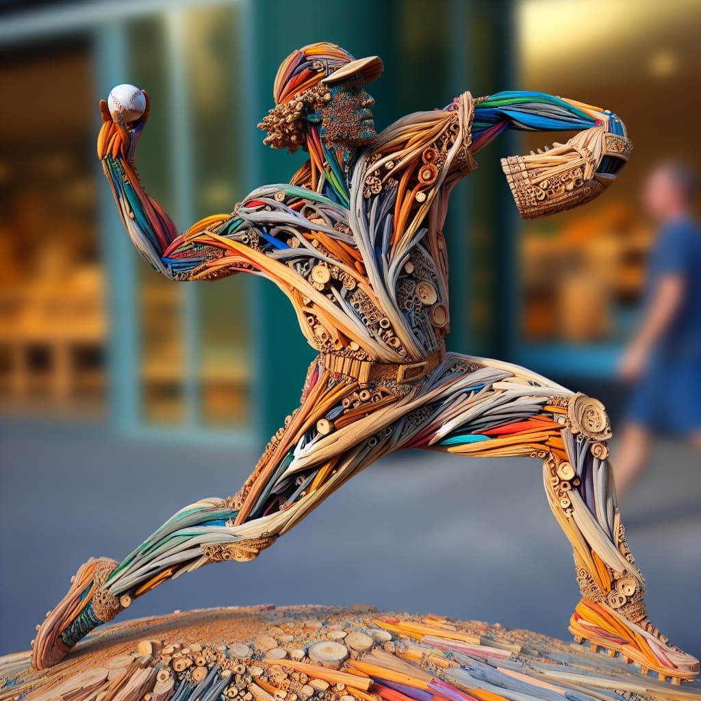 Colorful Wooden Sculpture of Baseball Player in 3D