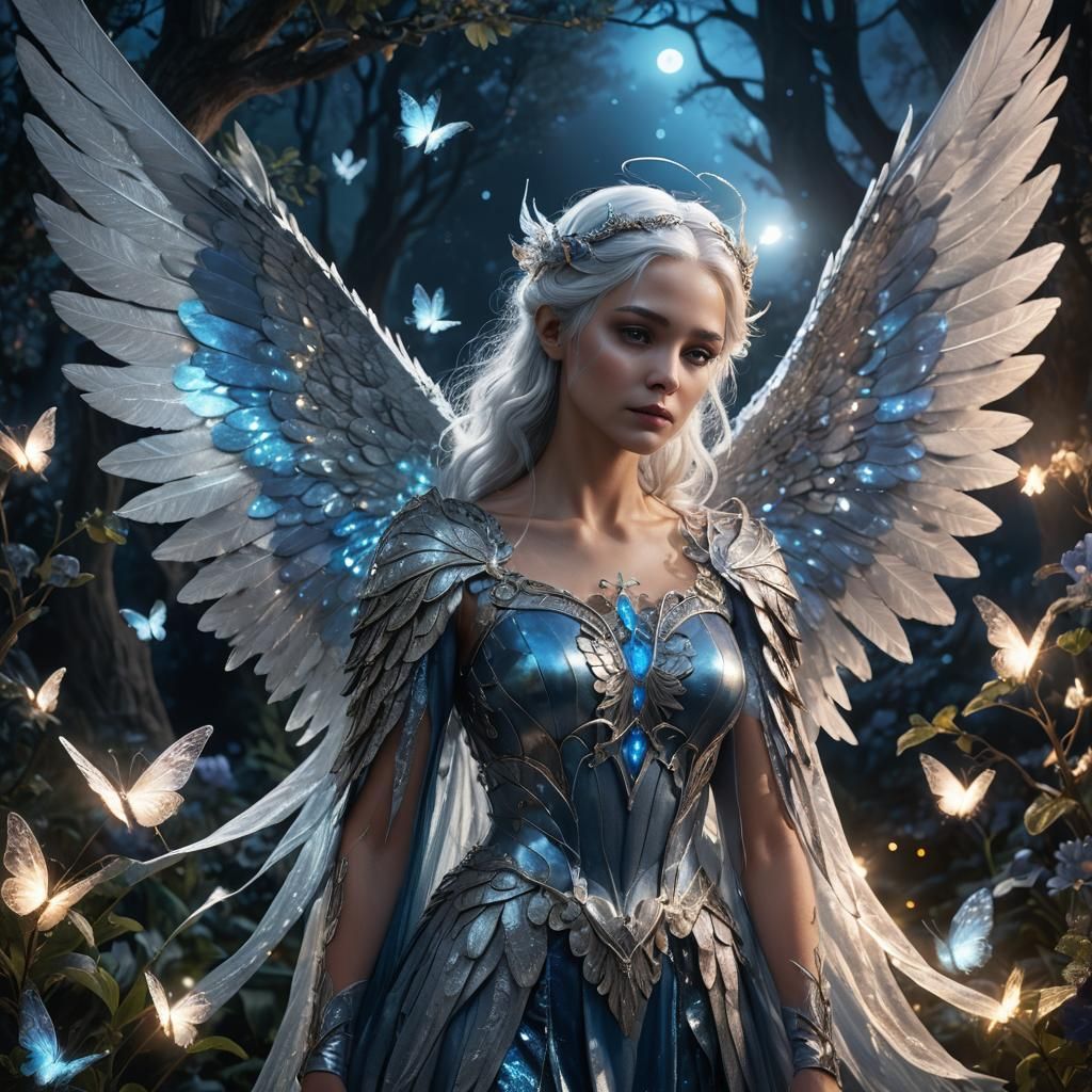 Angelic Being Crafts Wings in Moonlit Garden