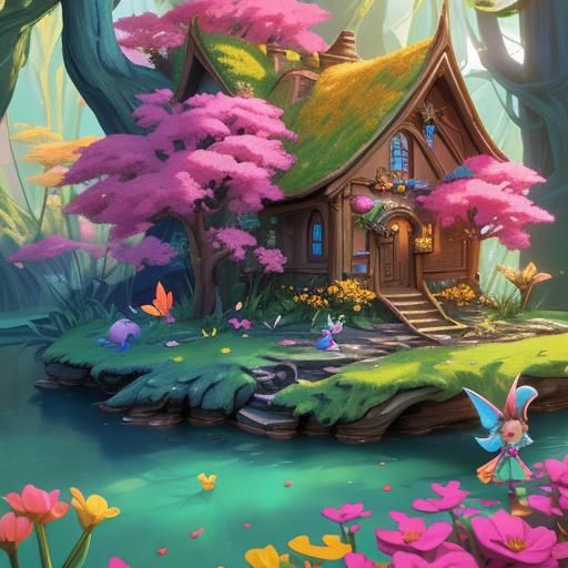 Whimsical Fairies and Gnomes in Vibrant Forest, Matte Painti...