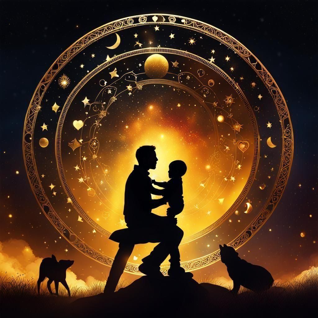 Man and Baby Silhouette with Golden Horoscope Symbols