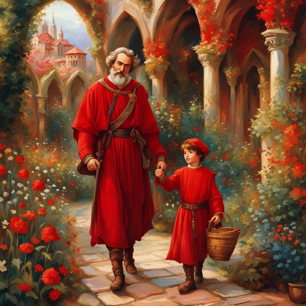 Father and Son in Fairytale Garden