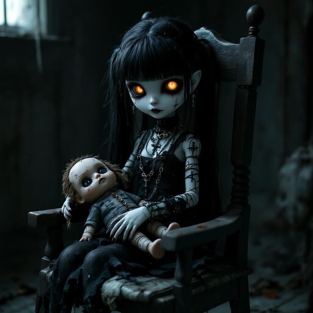 Gothic Doll-like Girl in Dark, Eerie Setting