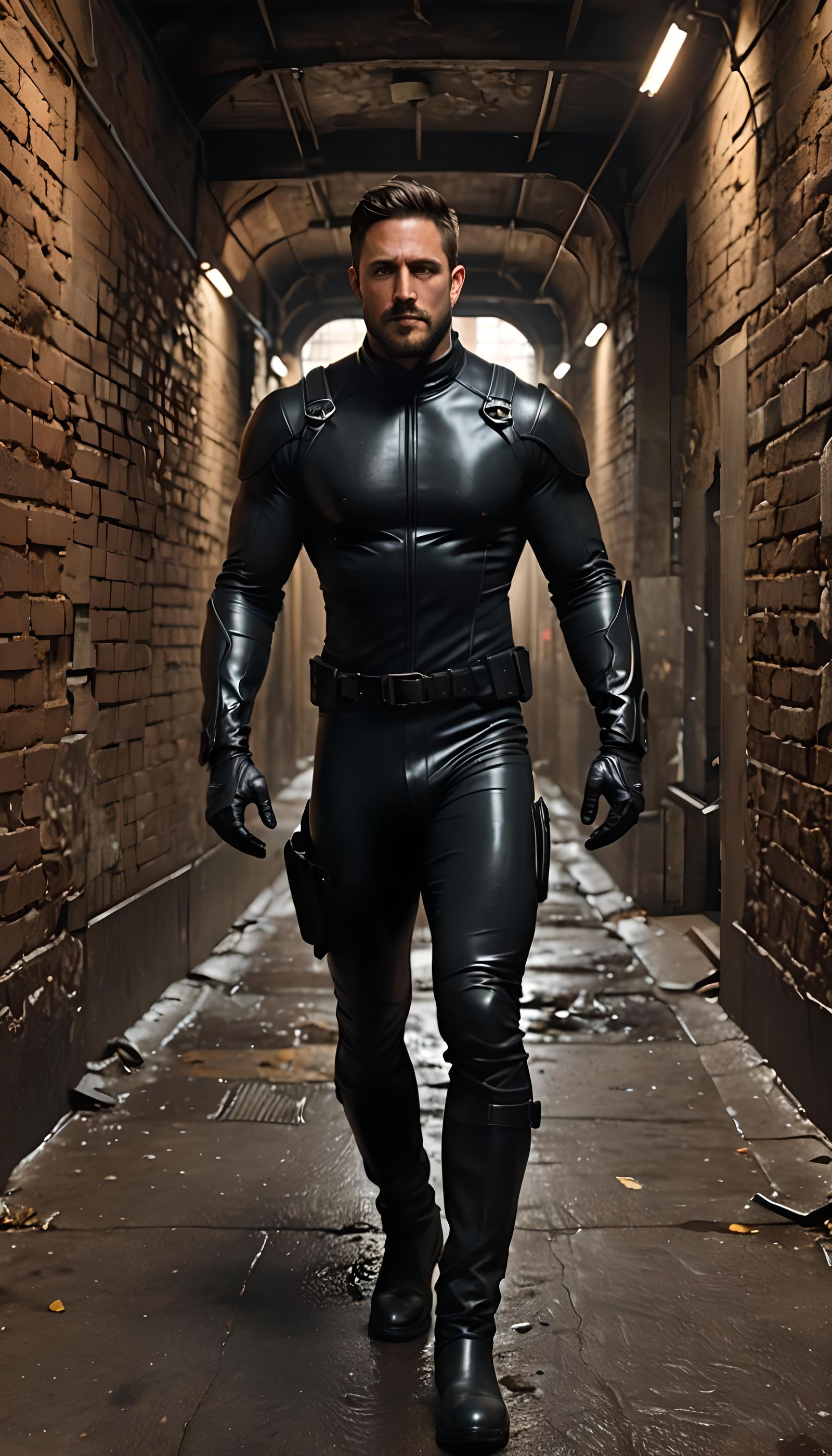 Handsome Man in Catsuit Walking Underground in Detailed Pain...
