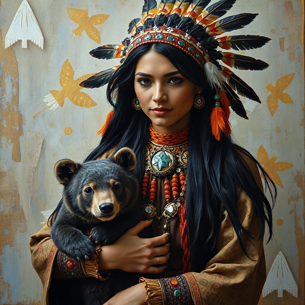 Hopi Goddess with Bear Cub in Impasto Style