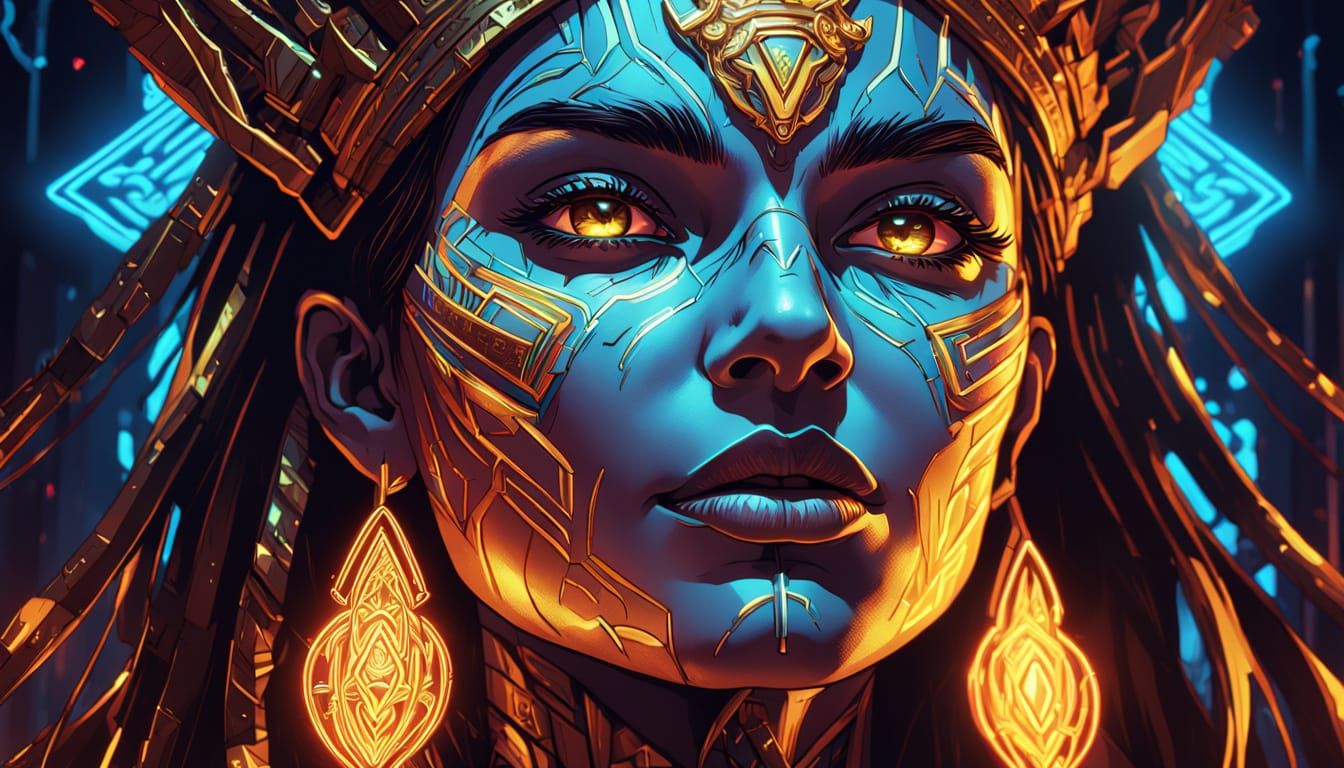Neon Goddess Face: Digital Comic Book Art