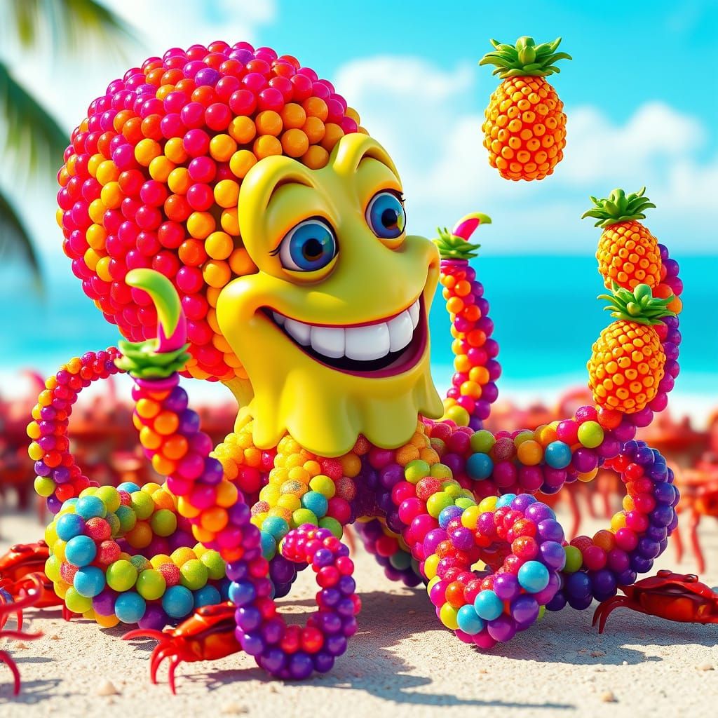 Beaded Octopus Juggling Pineapples on a Tropical Beach