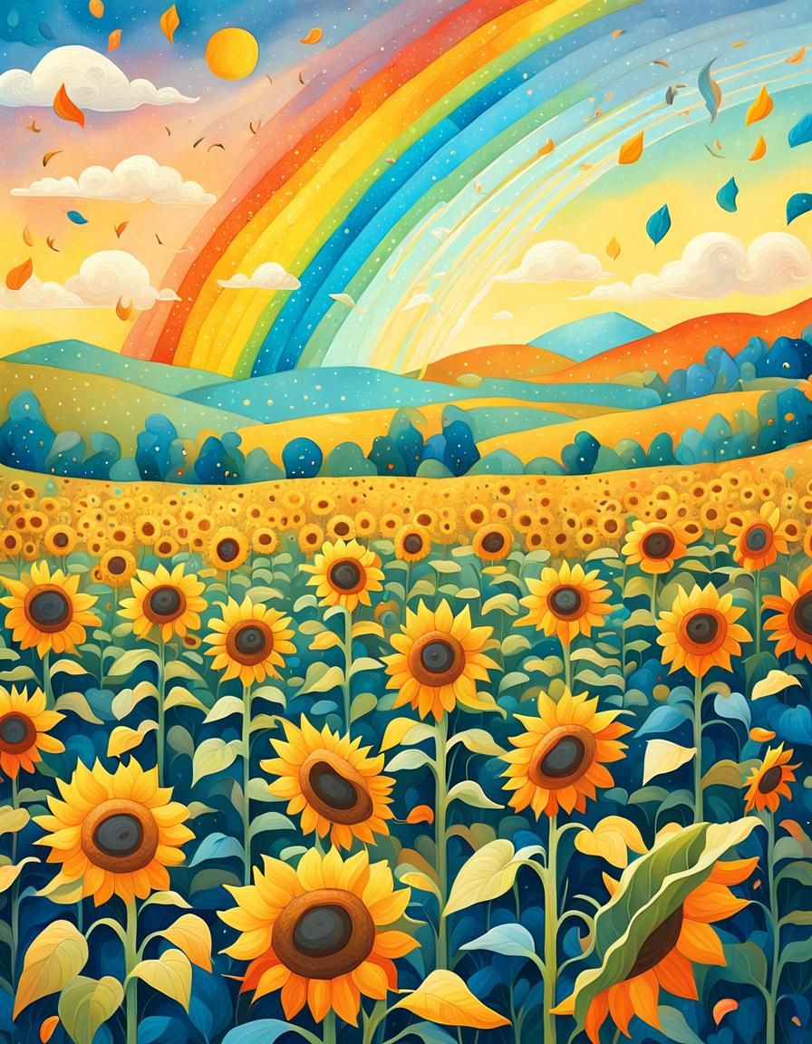 Rainbow Sunflower Field Whimsical Illustration