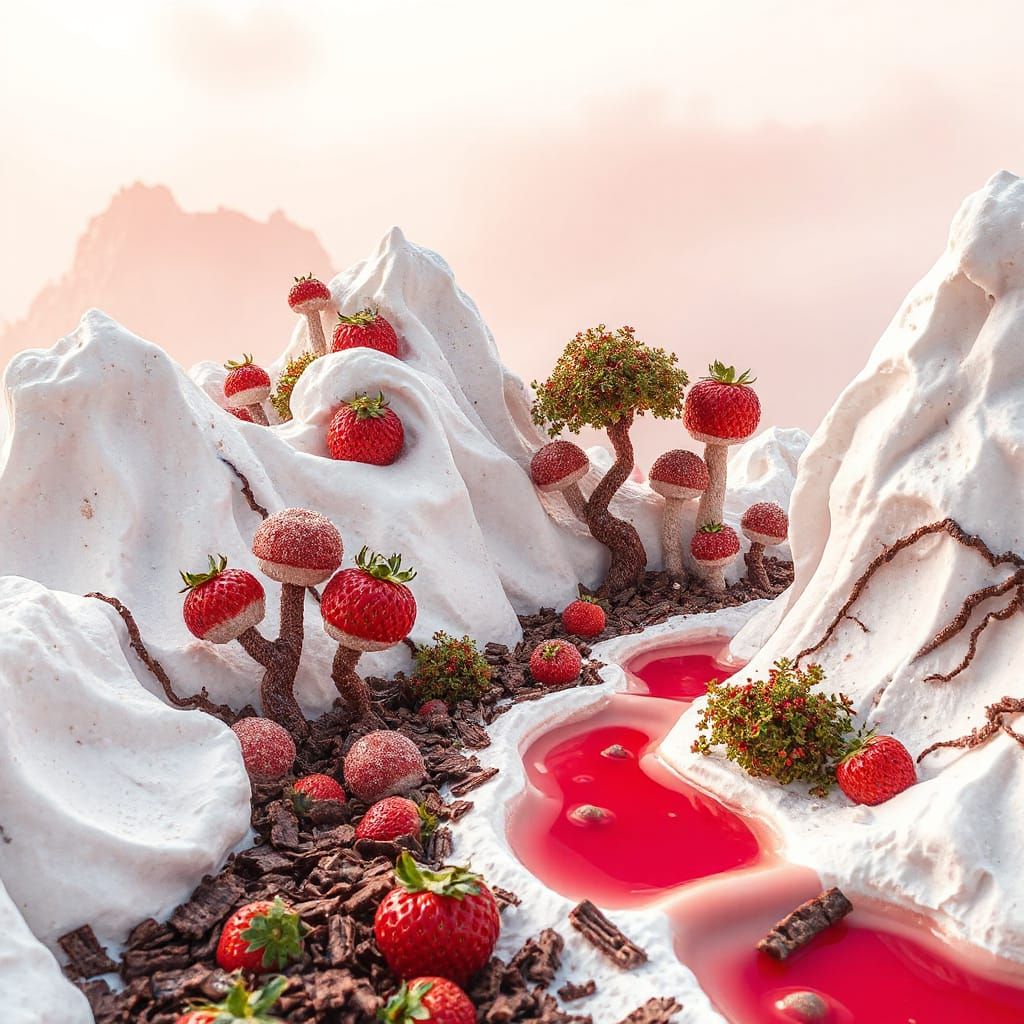 Photorealistic Ice Cream Landscape with Strawberry Lake
