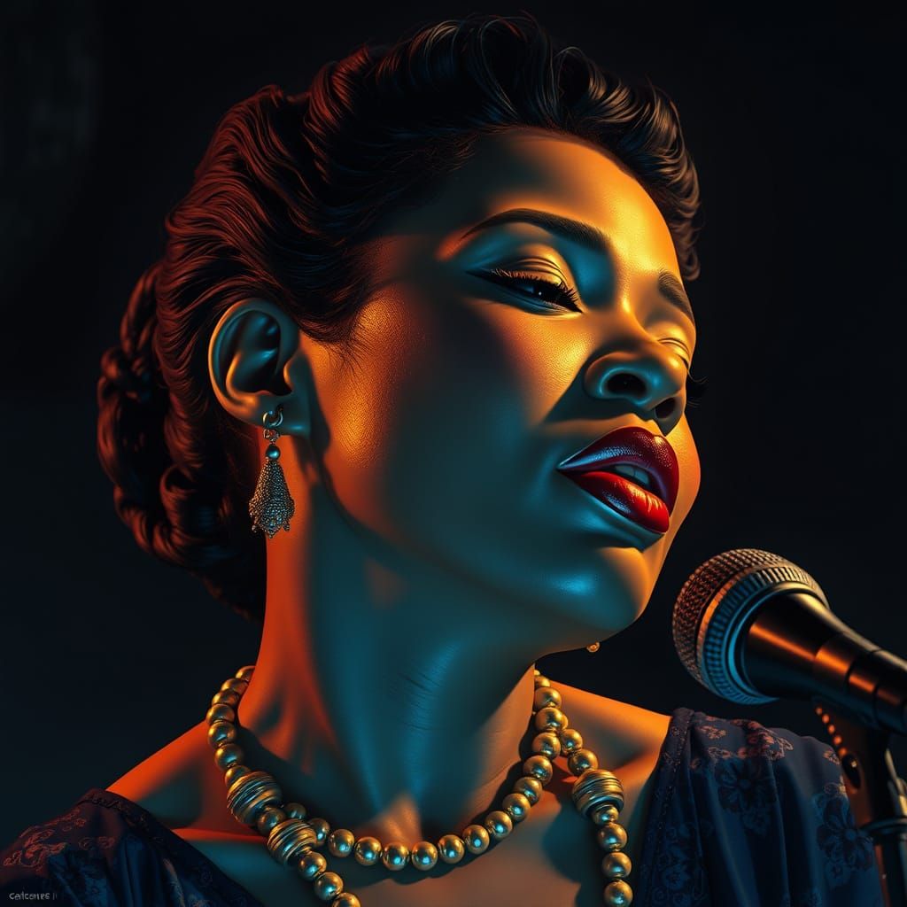 Soulful Jazz Icon in Vibrant Art Nouveau Style