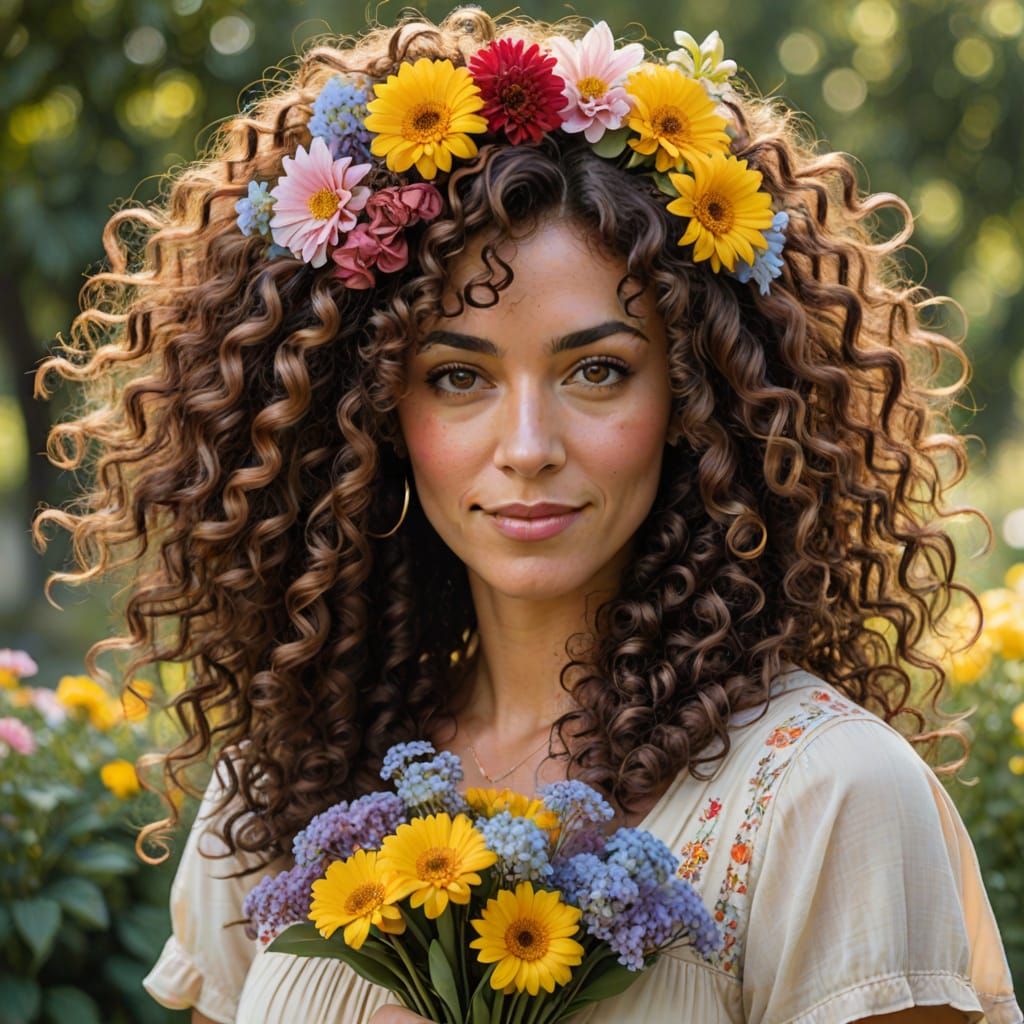 A portrait of a woman with very curly, flowing hair.  Her ha...
