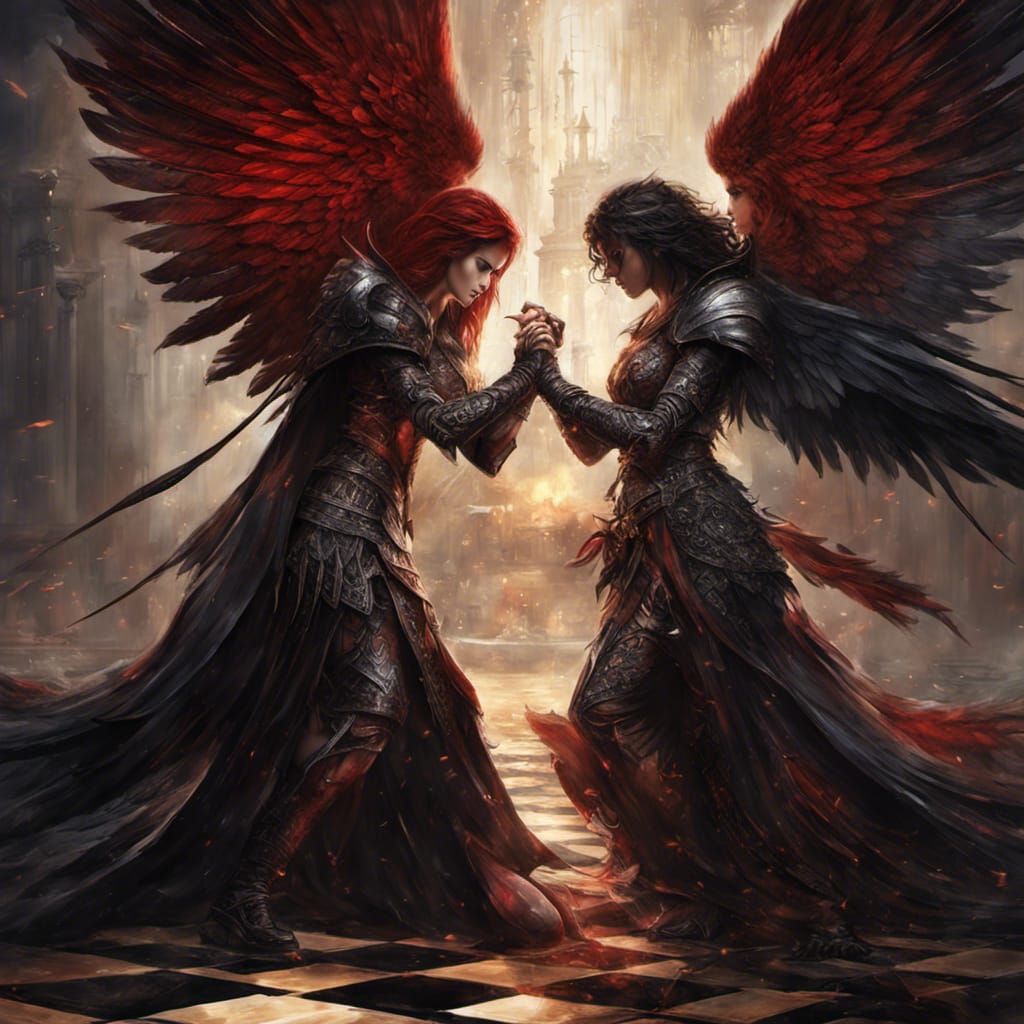 Angels Clash on Chessboard: Dark Fantasy Art