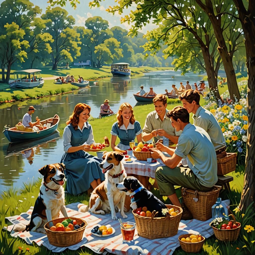 Riverside Picnic with College Students: 3D Masterpiece
