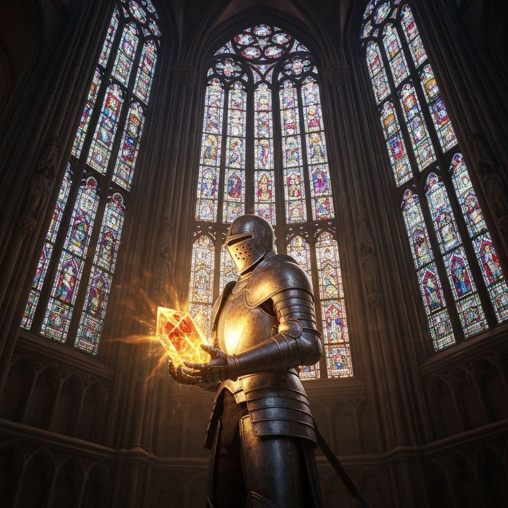 Knight with Radiant Sunstone in Mystical Realism Style
