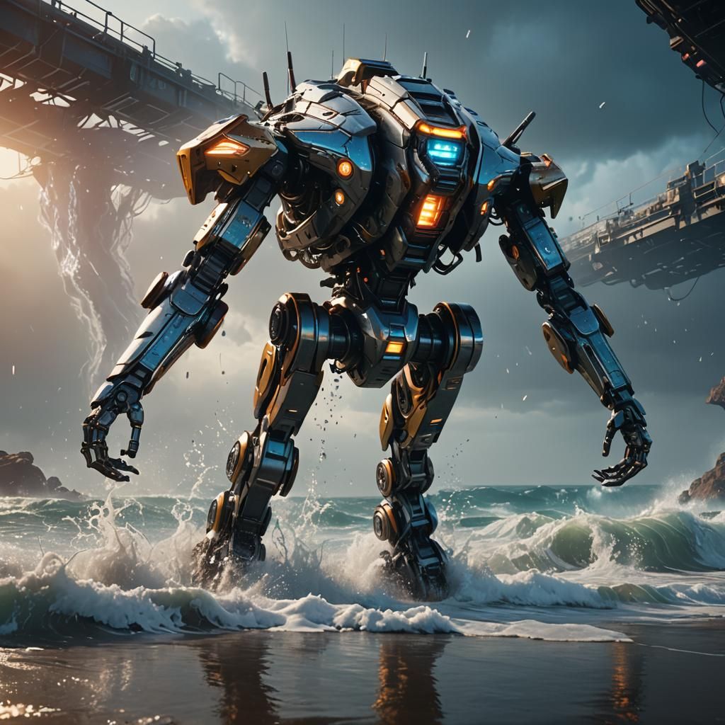 Futuristic Mech Battles Ocean Waves in Sci-Fi Art