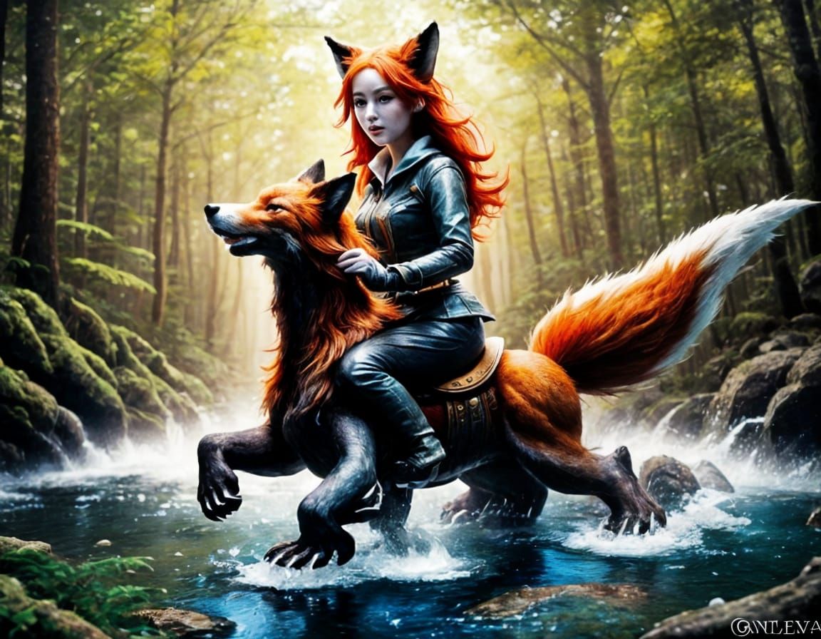 a girl astride a fiery big fox