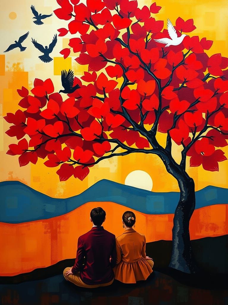 Cubist Oil Painting of People Under Red Tree