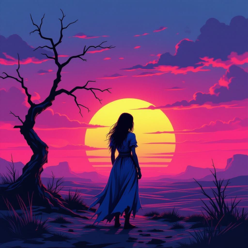 Goblin Gazes at Synthwave Sunset in Retro-Futuristic Style