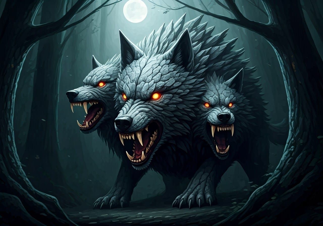 Multi-Headed Wolf Guardian in Dark Fantasy Forest