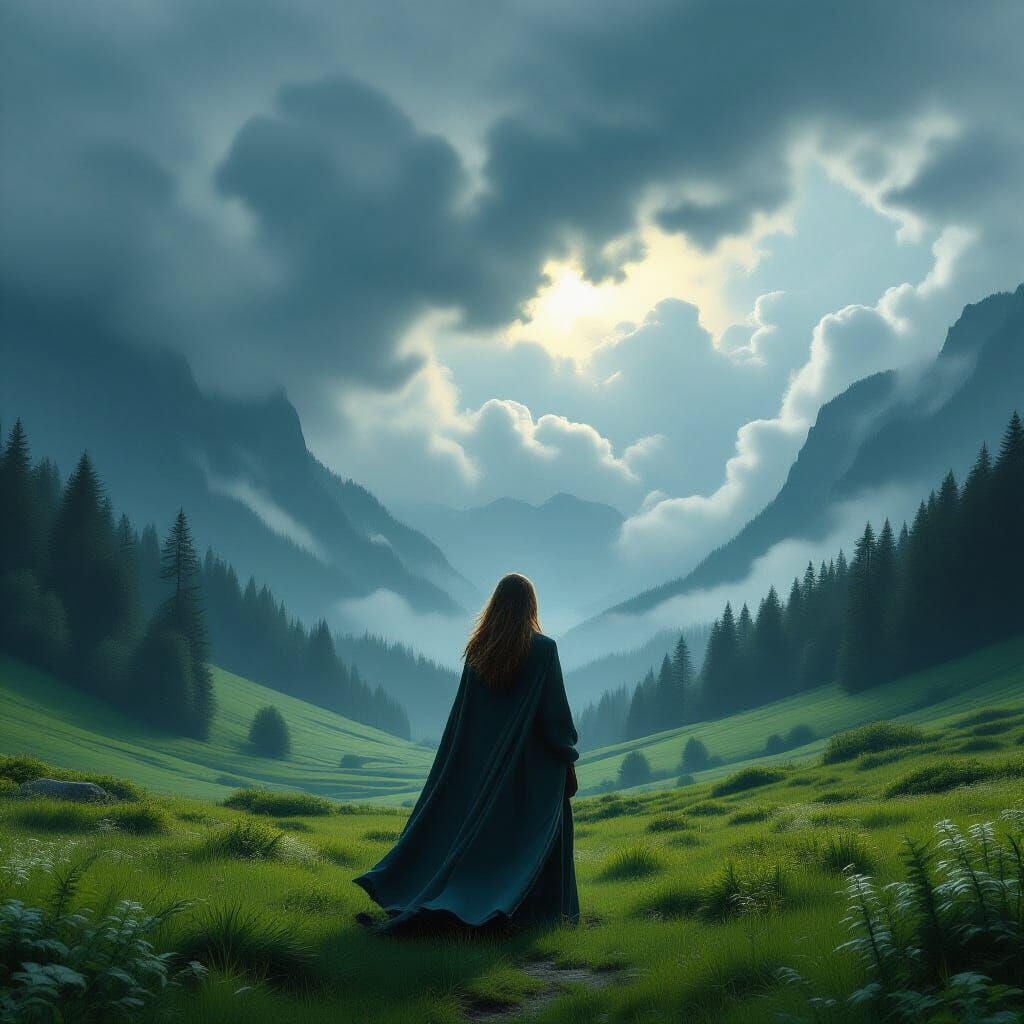 Woman in Valley Under Dark Cloudy Sky
