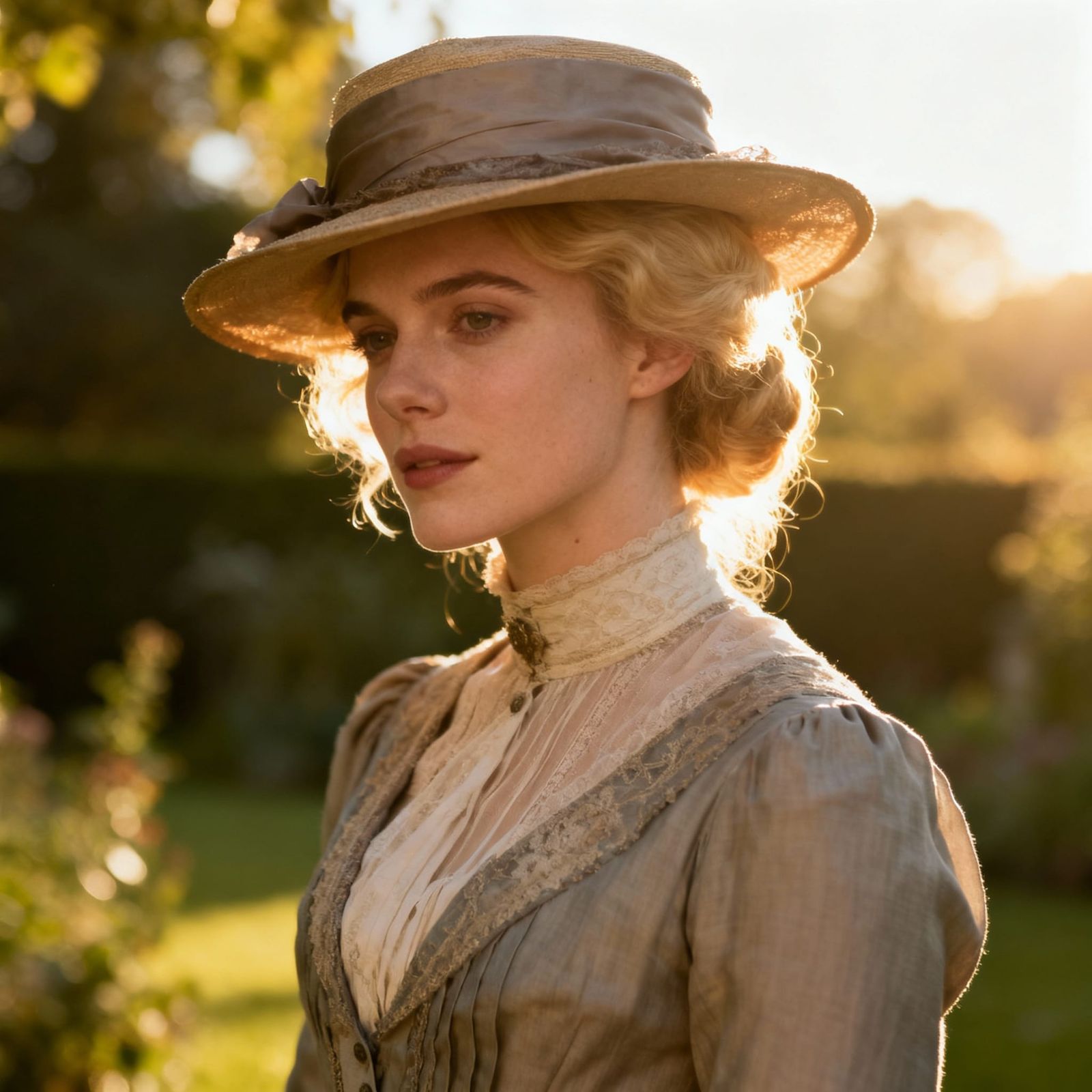 Blonde Woman in Elegant 1910s Fashion in Garden