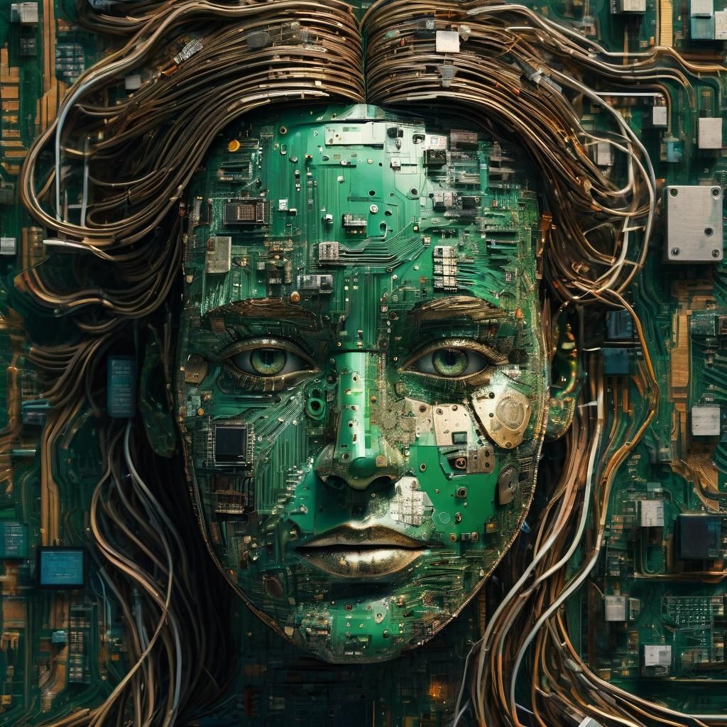 Maximalist Circuit Board Face in Hyperrealism